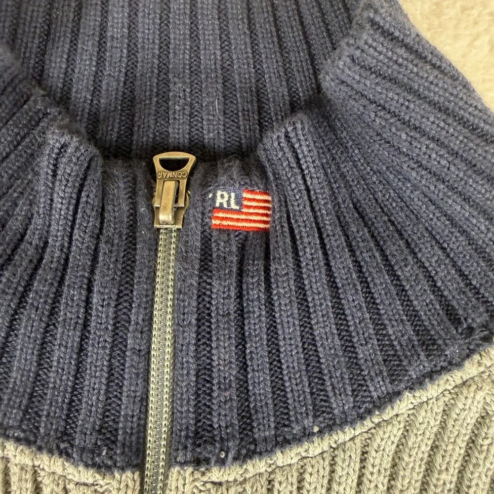 Polo Ralph Lauren Vintage 1/4 Zip Raglan Sweater Mens Large Grey Navy Ribbed